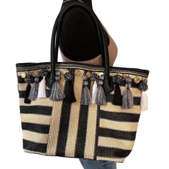 Aldo Handbags - ALDO black natural straw tote bag tassel gold hardware embellishment